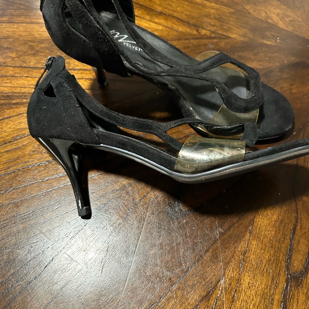 Comfortable Black suede and clear pumps.